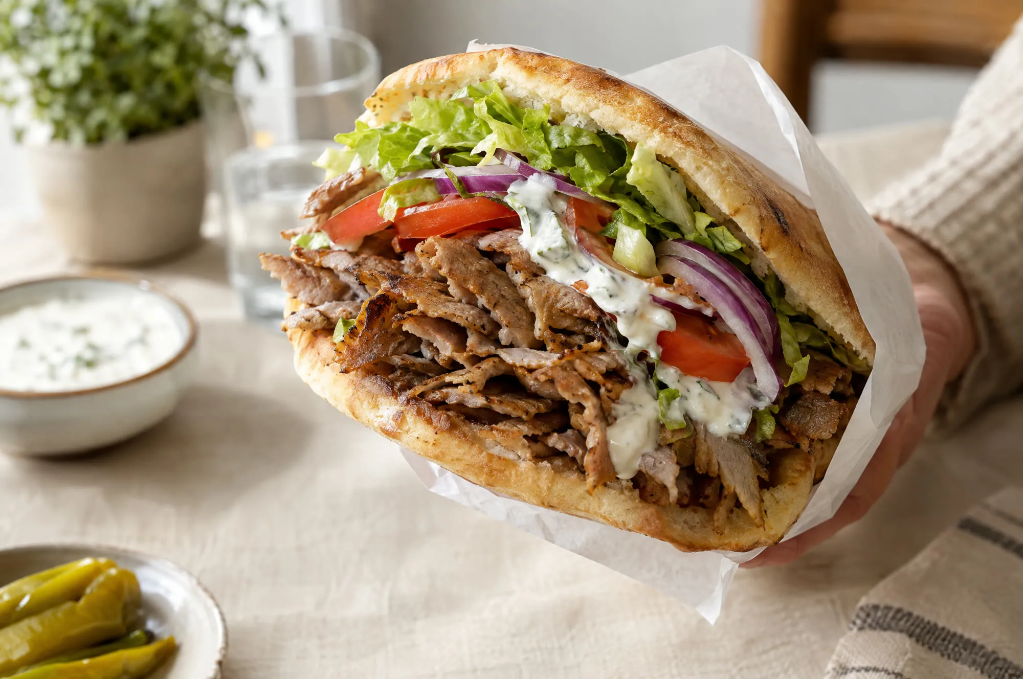 Döner im warmen Fladenbrot mit dünn geschnittenem Kalbfleisch, Salat, Tomate, roter Zwiebel und Knoblauchsauce, in Papier gewickelt.