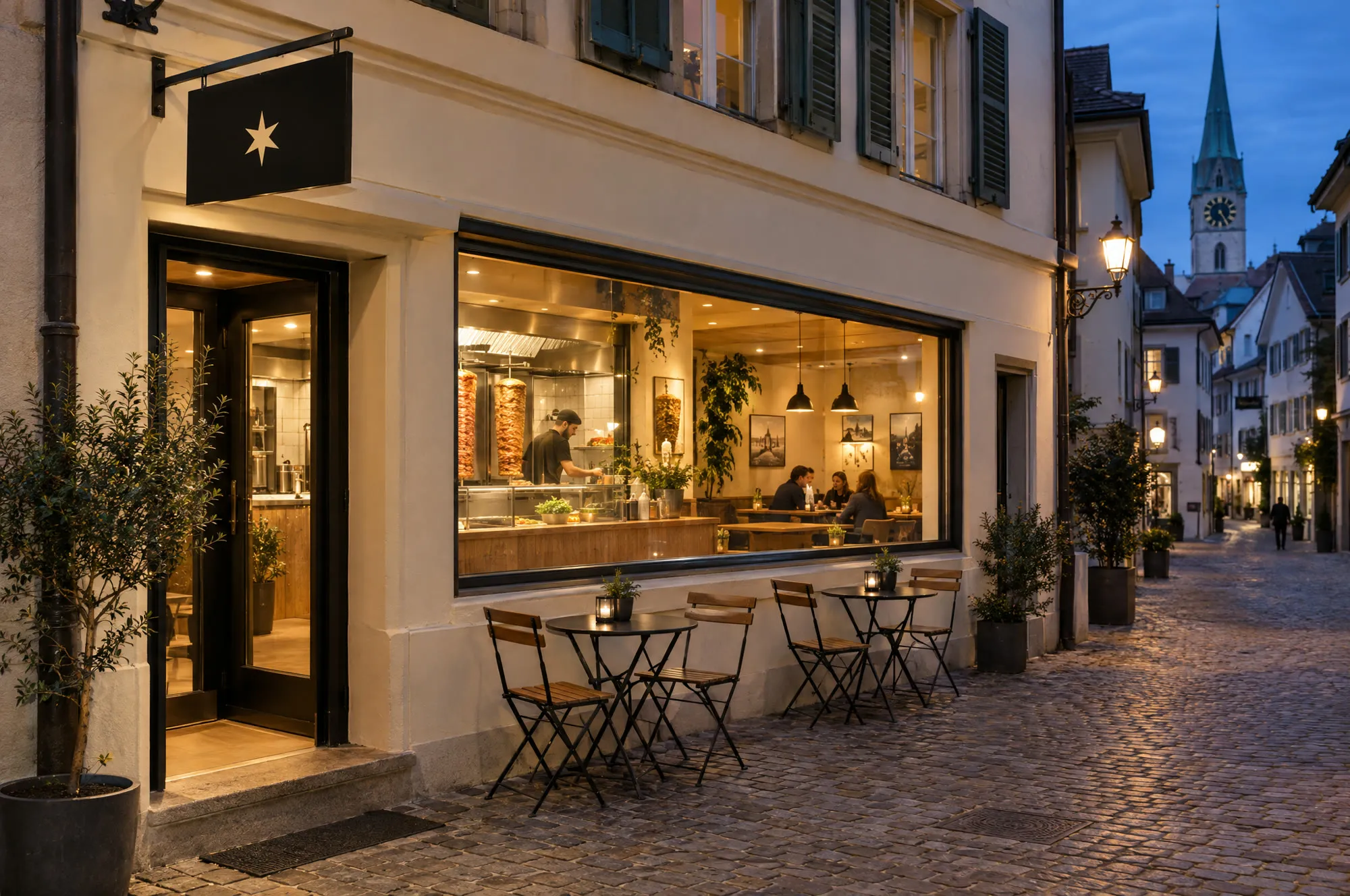 Ladenfront am frühen Abend in der Altstadt: cremefarbene Fassade, grosses Schaufenster mit warmem Licht, kleines schwarzes Schild mit Stern, zwei Bistrotische auf dem Kopfsteinpflaster.