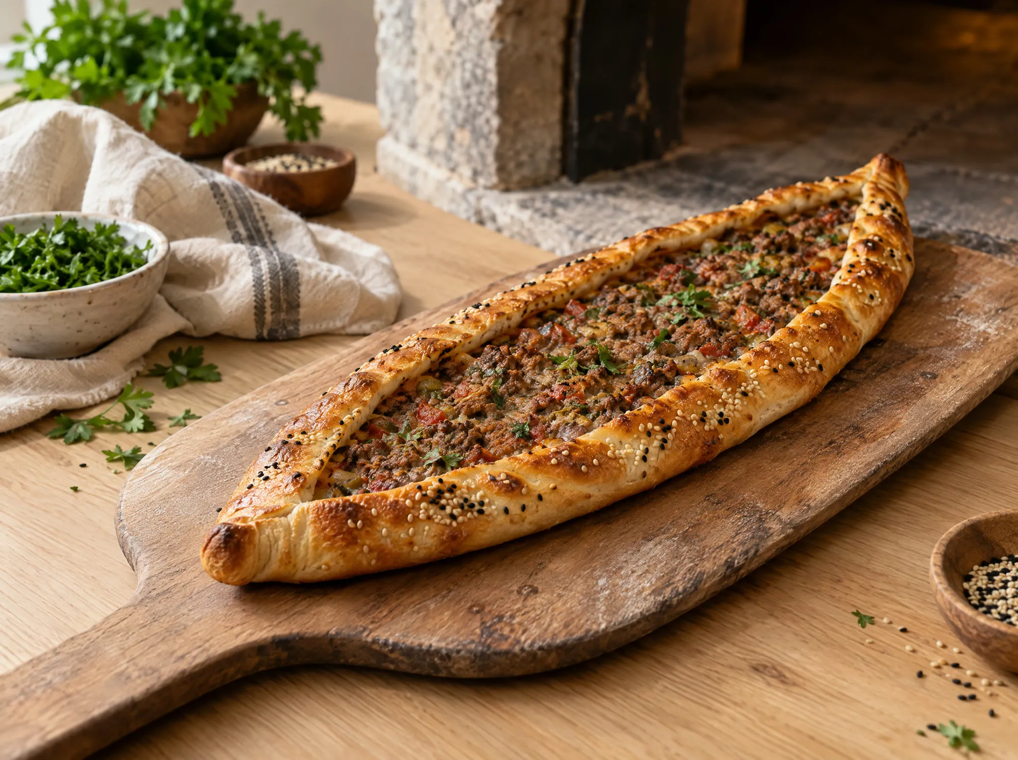 Pide mit Hackfleisch und goldener Kruste auf einem Holzschieber, daneben Petersilie und Sesam, hinten die Steinofenkante.