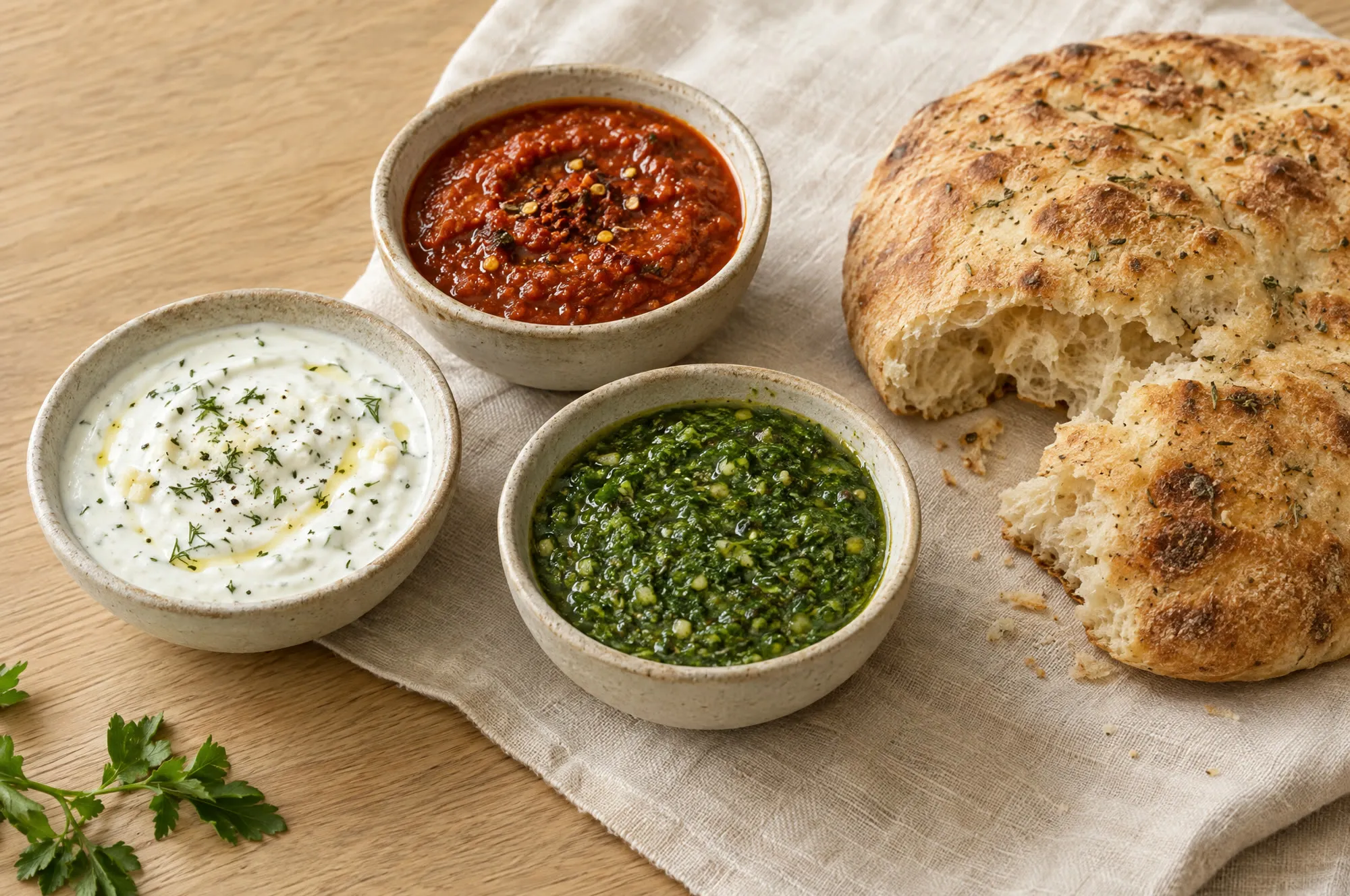 Drei Keramikschalen mit Knoblauchsauce, scharfer Sauce und Kräutersauce, daneben ein aufgerissenes Fladenbrot auf Leinen.