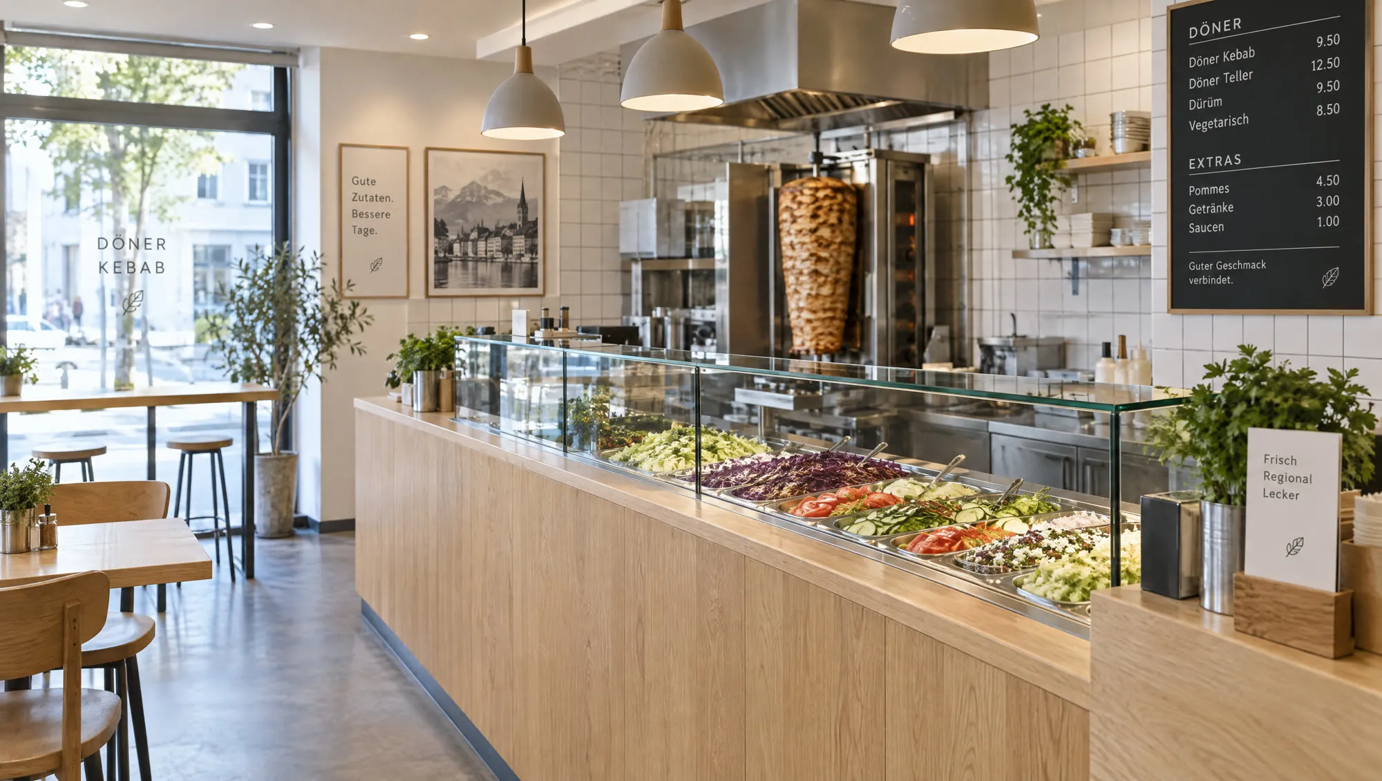 Die Theke des Ladens: helles Eichenholz, weisse Plättli, eine Glasvitrine mit frischen Salaten, hinten der Dönerspiess unscharf im Licht der Pendelleuchten.